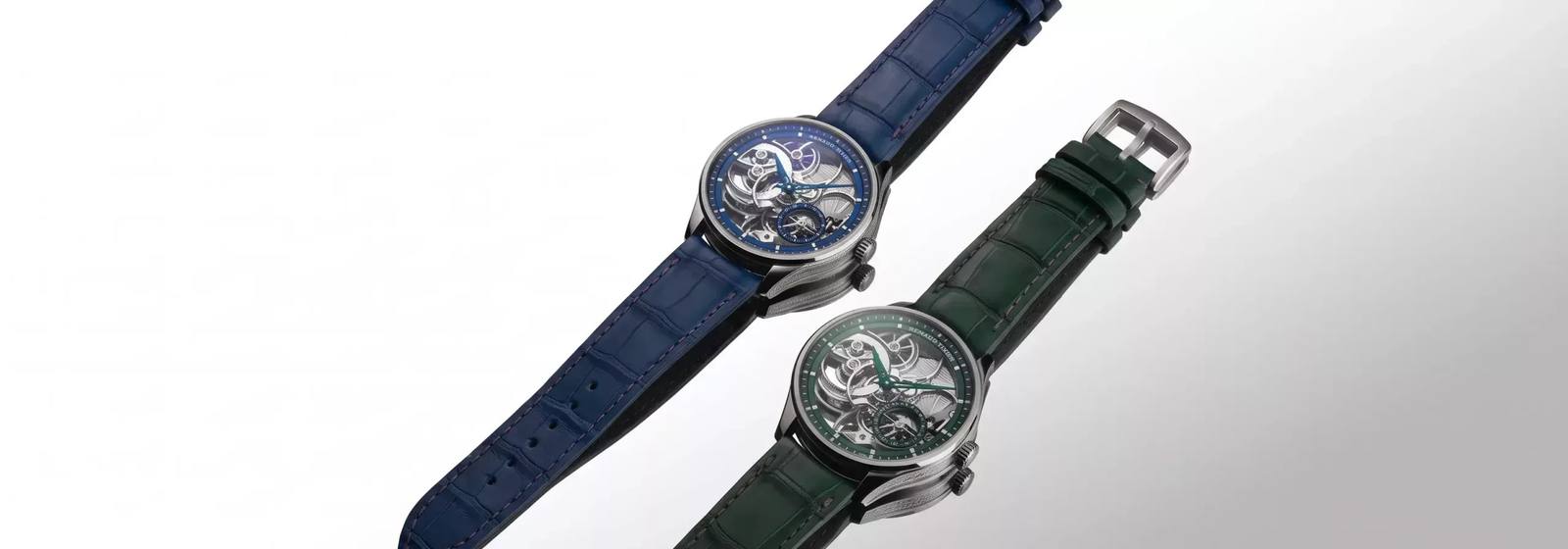 Renaud Tixier Monday Skeleton watches in petrol blue and green with openworked dials and matching alligator straps.
