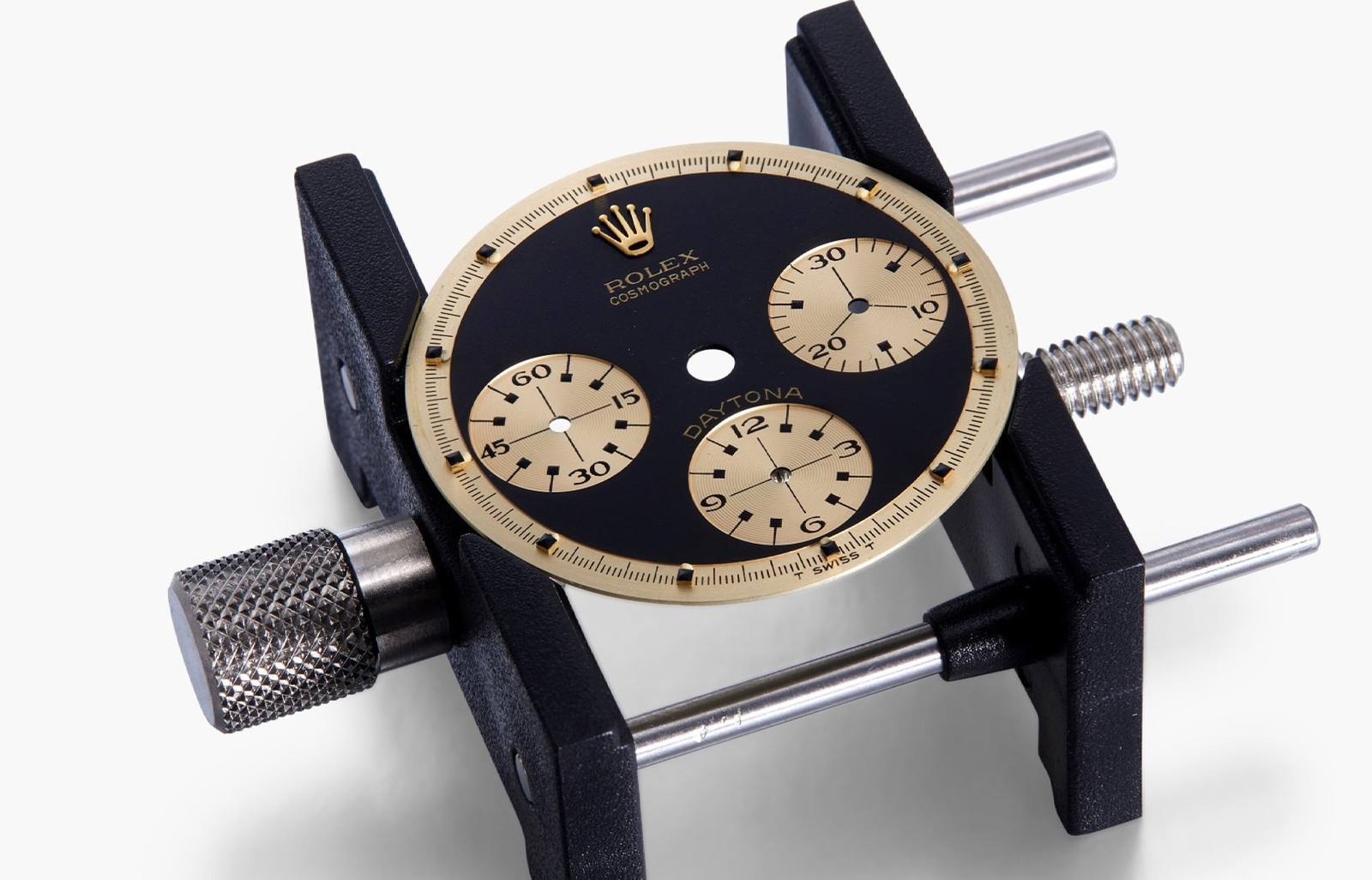 Close-up of the Paul Newman dial on the gold Rolex Daytona ref. 6239.