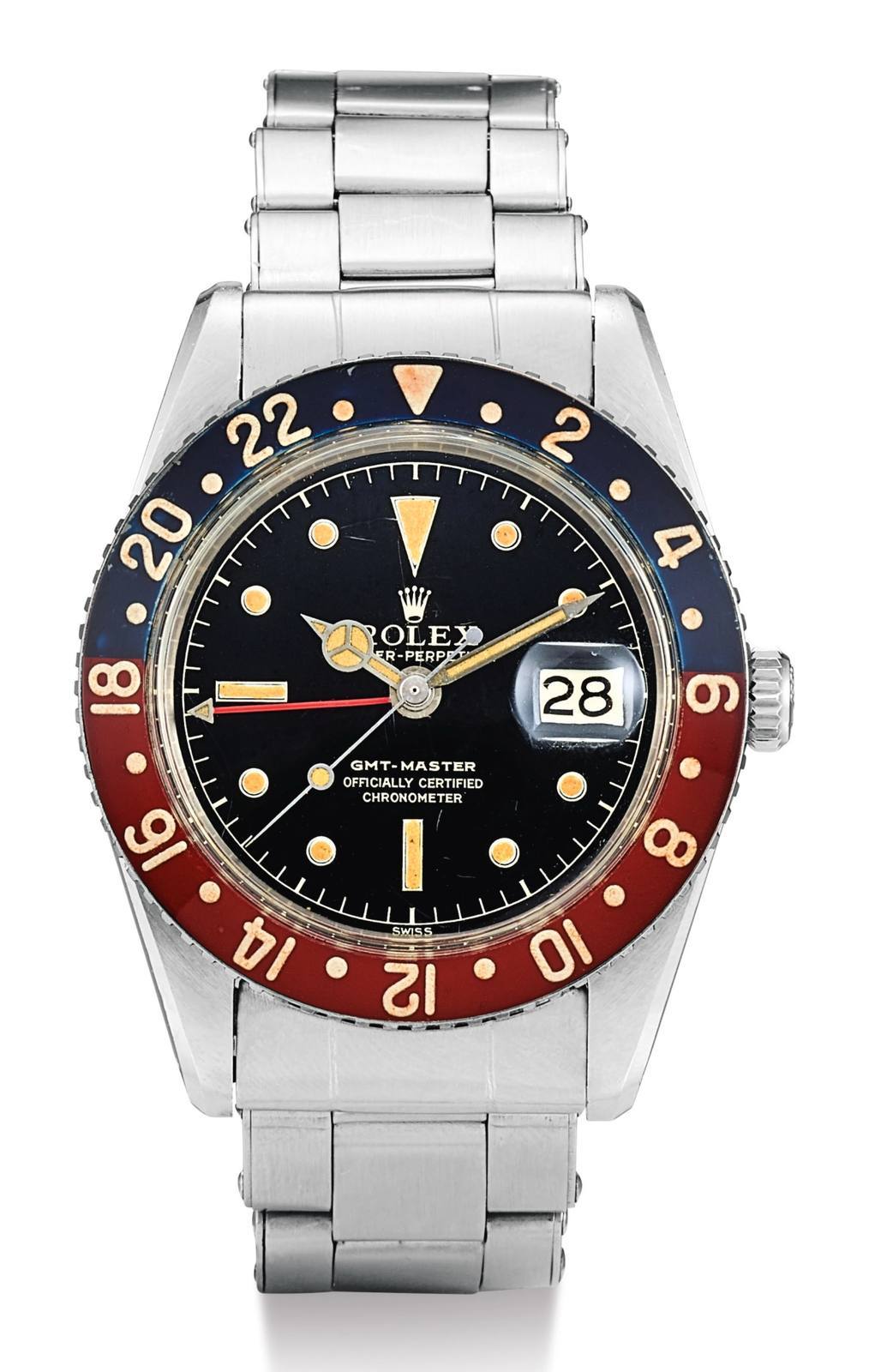Rolex GMT-Master reference 6542 with red and blue Bakelite bezel.