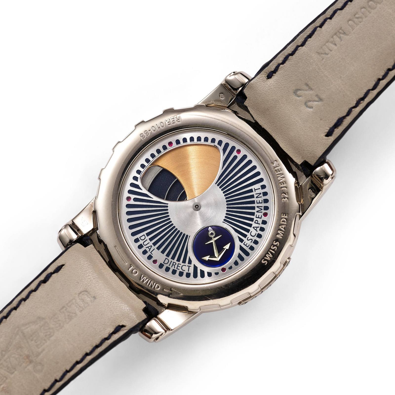 Caseback of a first-generation Ulysse Nardin Freak with Dual Direct Escapement engraving.