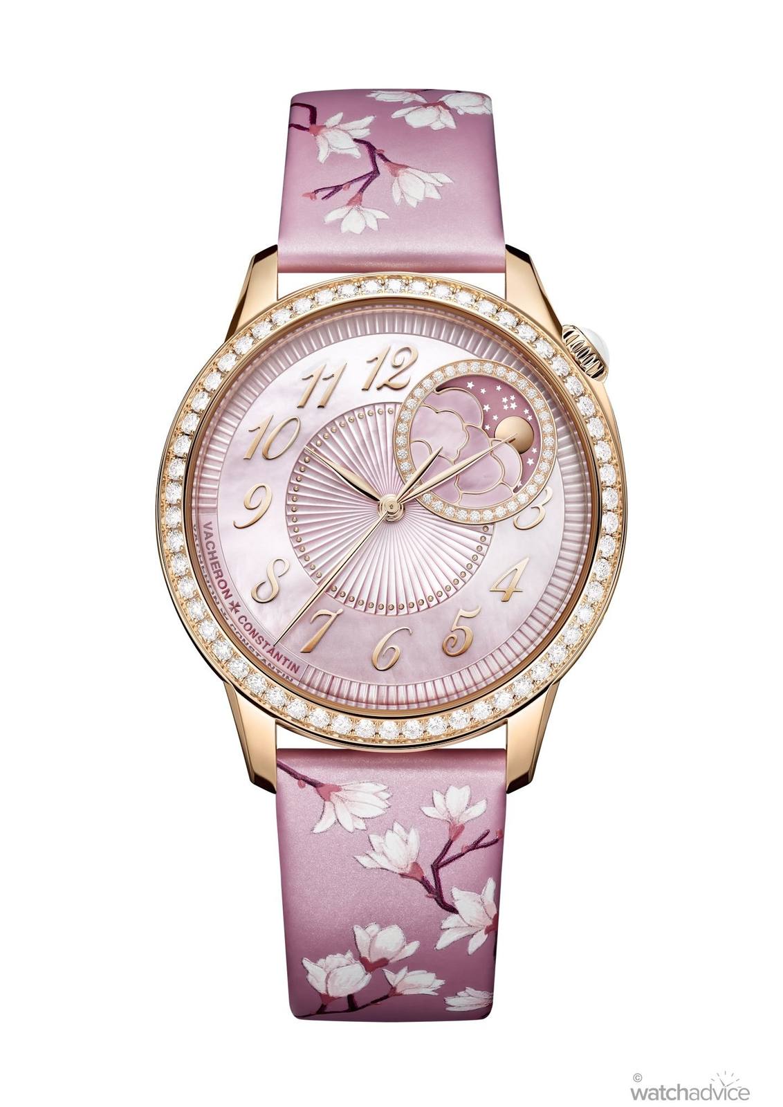 Front view of the Vacheron Constantin Egerie Moon Phase Spring Blossom.